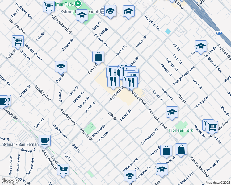 map of restaurants, bars, coffee shops, grocery stores, and more near 12629 Glenoaks Boulevard in Los Angeles