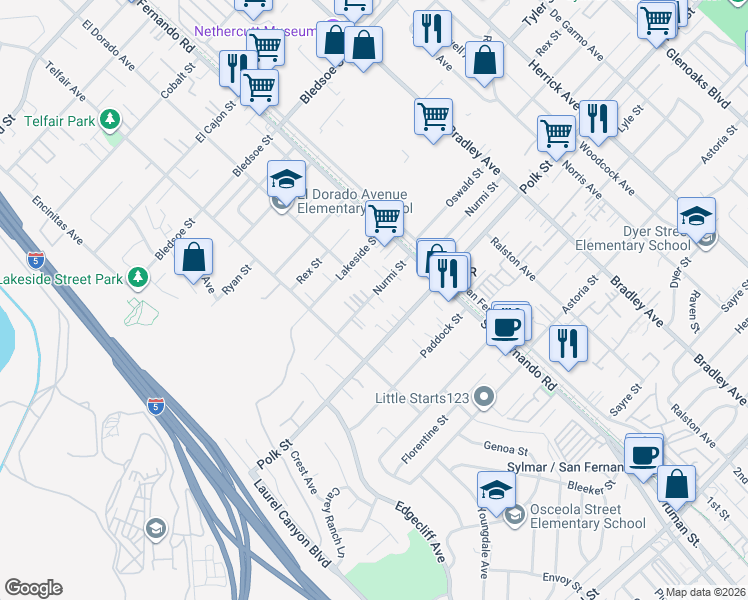 map of restaurants, bars, coffee shops, grocery stores, and more near 15115 Nurmi Street in Los Angeles