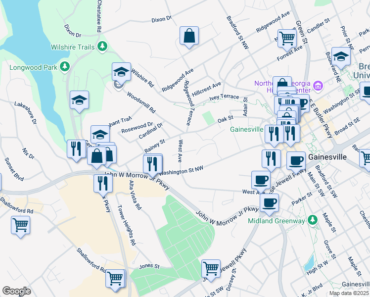 map of restaurants, bars, coffee shops, grocery stores, and more near 344 West Avenue in Gainesville