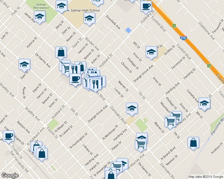 map of restaurants, bars, coffee shops, grocery stores, and more near 1943 Lucas Street in San Fernando