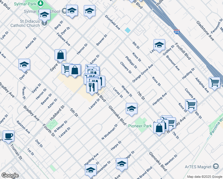 map of restaurants, bars, coffee shops, grocery stores, and more near 1926 Lucas Street in San Fernando