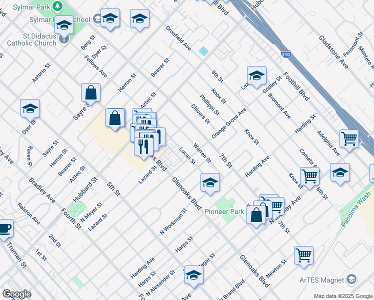 map of restaurants, bars, coffee shops, grocery stores, and more near 1915 Warren Street in San Fernando