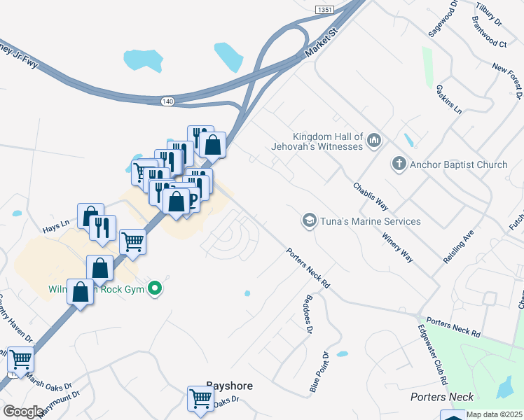 map of restaurants, bars, coffee shops, grocery stores, and more near 309 Porters Neck Road in Wilmington