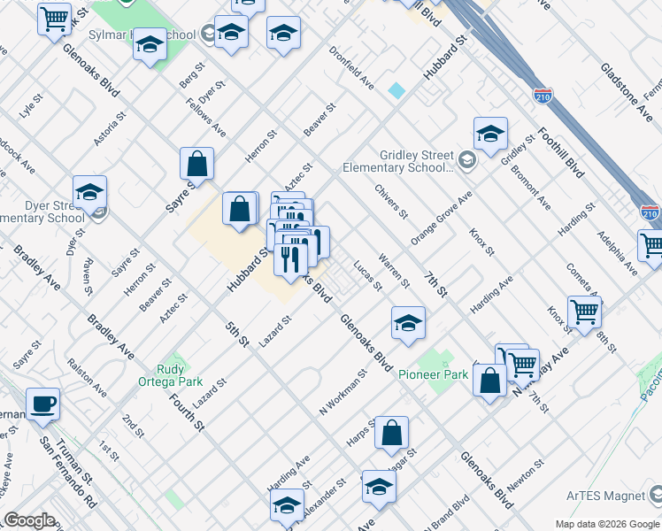 map of restaurants, bars, coffee shops, grocery stores, and more near 1985 Glenoaks Boulevard in San Fernando
