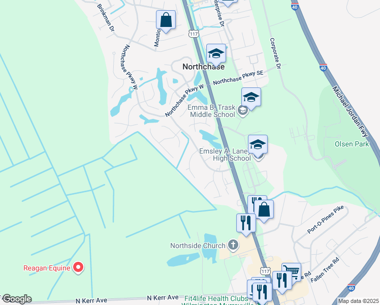 map of restaurants, bars, coffee shops, grocery stores, and more near 4319 Charthouse Drive in Wilmington