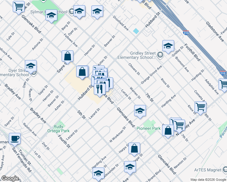 map of restaurants, bars, coffee shops, grocery stores, and more near 2002 Donnaglen Avenue in San Fernando