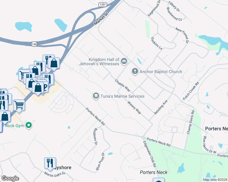 map of restaurants, bars, coffee shops, grocery stores, and more near 614 Winery Way in Wilmington