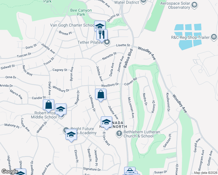 map of restaurants, bars, coffee shops, grocery stores, and more near 17054 Westbury Drive in Los Angeles
