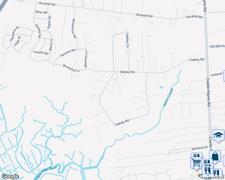map of restaurants, bars, coffee shops, grocery stores, and more near 2108 Oakley Road in Castle Hayne