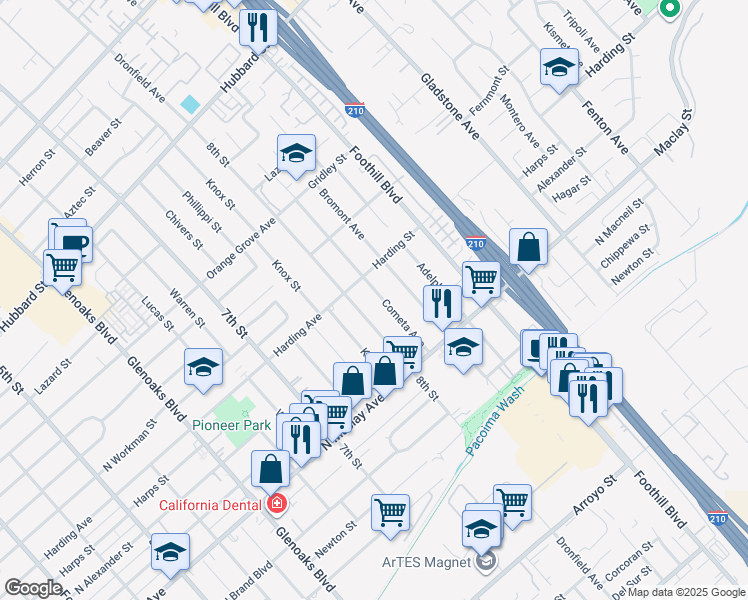 map of restaurants, bars, coffee shops, grocery stores, and more near 12600 Cometa Avenue in San Fernando