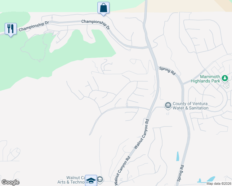 map of restaurants, bars, coffee shops, grocery stores, and more near 12975 Mammoth Peak Drive in Moorpark