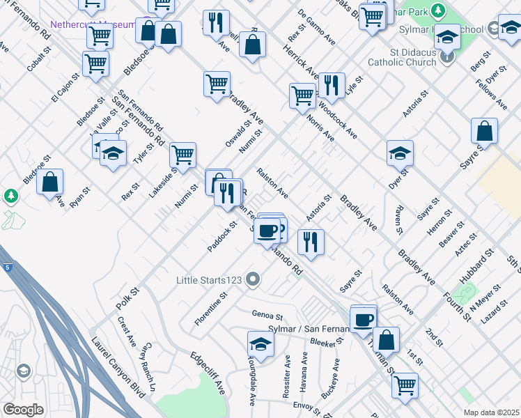 map of restaurants, bars, coffee shops, grocery stores, and more near 12576 San Fernando Rd in Los Angeles