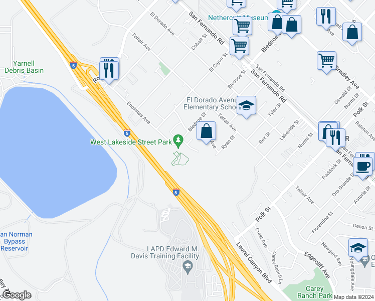 map of restaurants, bars, coffee shops, grocery stores, and more near 12567 Amboy Avenue in Los Angeles
