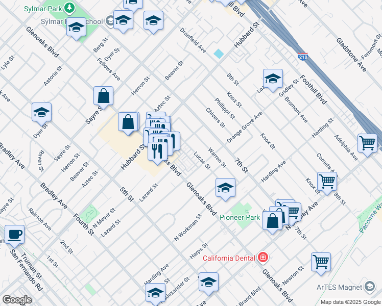 map of restaurants, bars, coffee shops, grocery stores, and more near 1926 Lucas Street in San Fernando