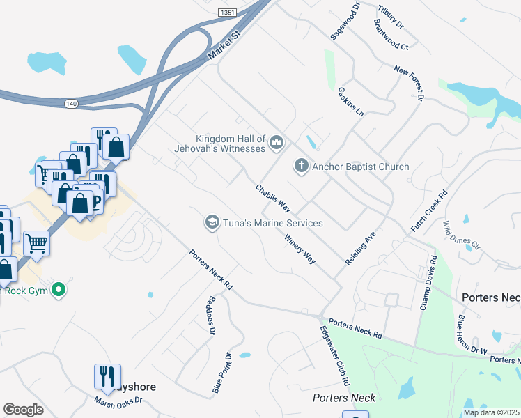 map of restaurants, bars, coffee shops, grocery stores, and more near 610 Winery Way in Wilmington
