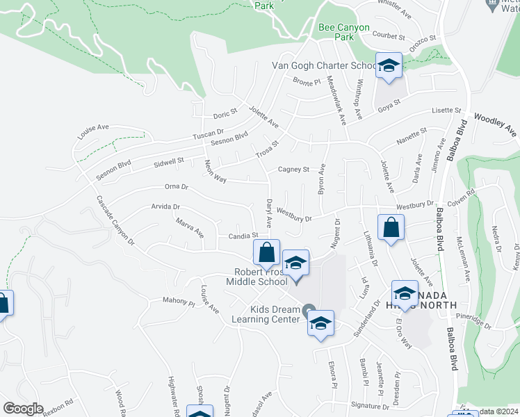 map of restaurants, bars, coffee shops, grocery stores, and more near 17440 Fraser Place in Los Angeles
