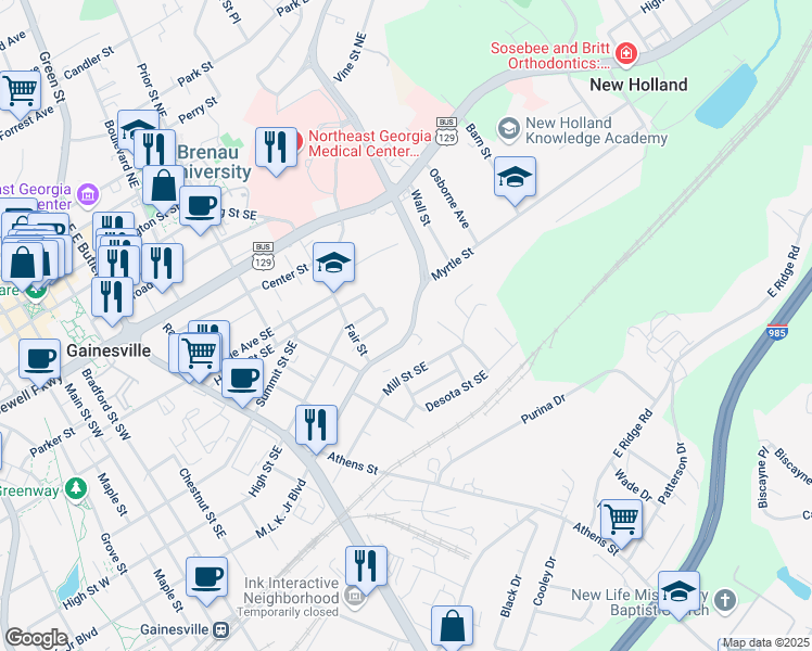 map of restaurants, bars, coffee shops, grocery stores, and more near 2491 Martin Luther King Junior Boulevard in Gainesville