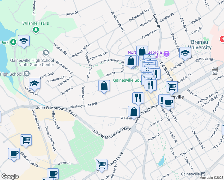 map of restaurants, bars, coffee shops, grocery stores, and more near 614 Washington Street Northwest in Gainesville