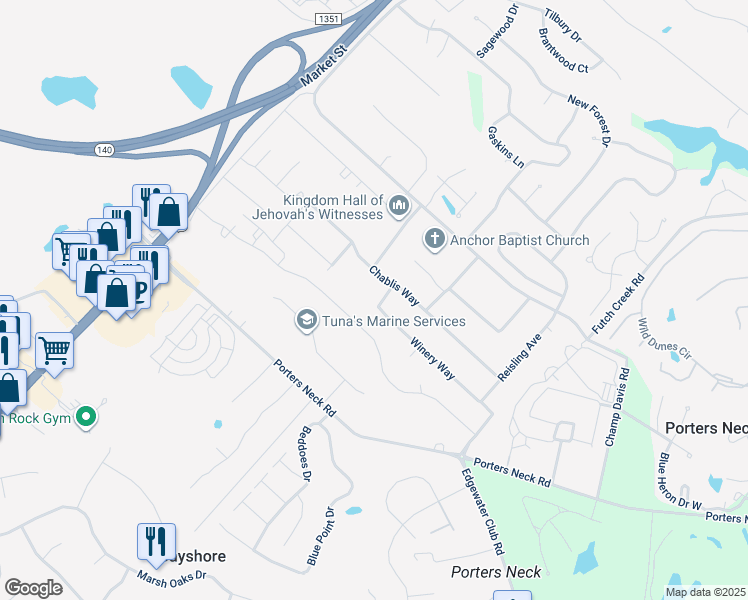 map of restaurants, bars, coffee shops, grocery stores, and more near 610 Winery Way in Wilmington