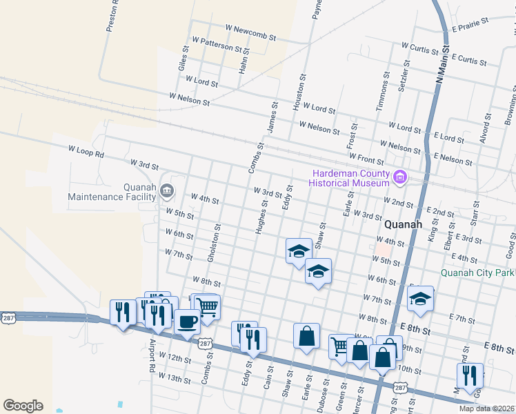 map of restaurants, bars, coffee shops, grocery stores, and more near 309 Combs Street in Quanah