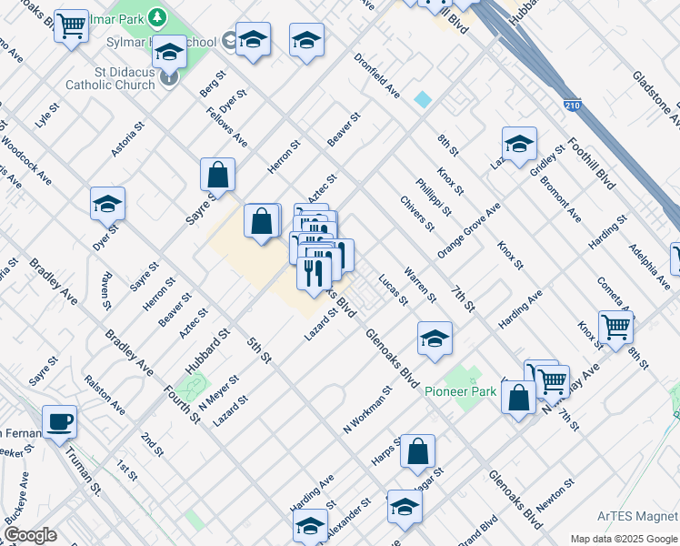 map of restaurants, bars, coffee shops, grocery stores, and more near 2002 Donnaglen Avenue in San Fernando