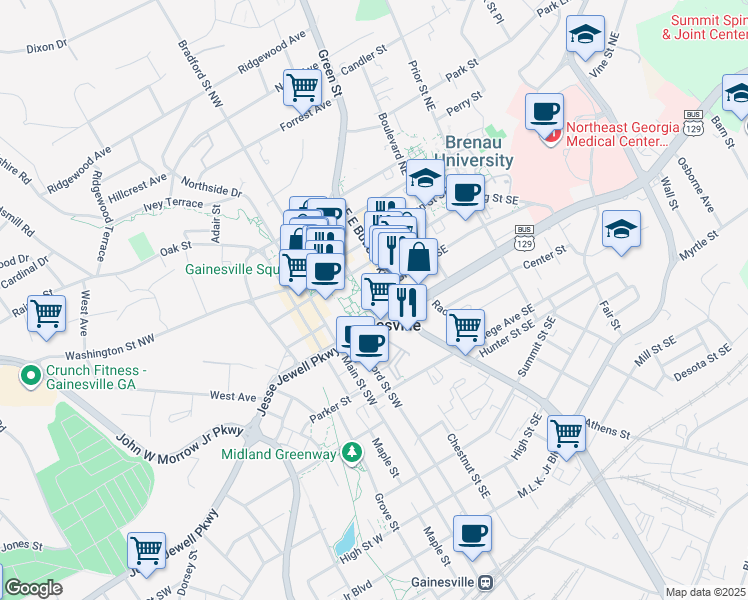 map of restaurants, bars, coffee shops, grocery stores, and more near 301 Green Street Southeast in Gainesville