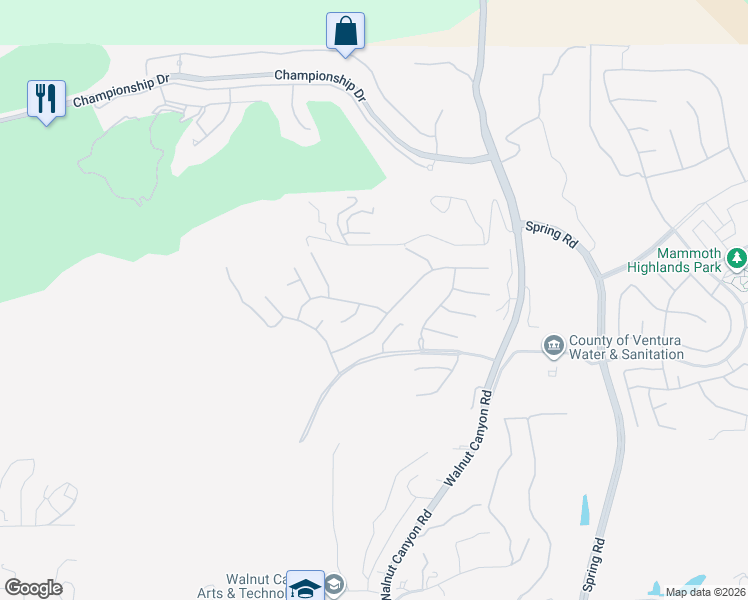 map of restaurants, bars, coffee shops, grocery stores, and more near 12975 Mammoth Peak Drive in Moorpark