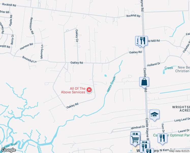 map of restaurants, bars, coffee shops, grocery stores, and more near 1519 Oakley Road in Castle Hayne