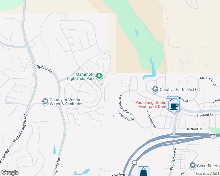 map of restaurants, bars, coffee shops, grocery stores, and more near 6834 Simmons Way in Moorpark
