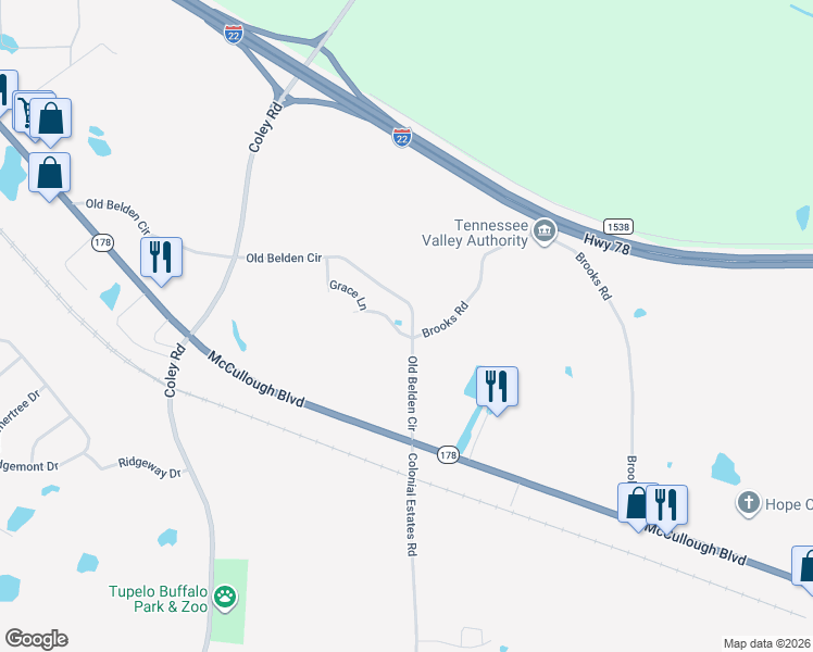 map of restaurants, bars, coffee shops, grocery stores, and more near 2817 Old Belden Circle in Tupelo