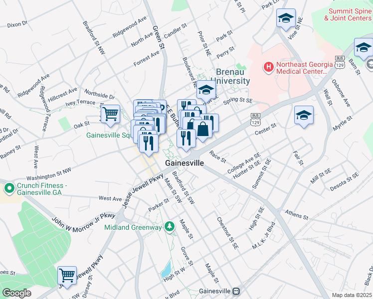 map of restaurants, bars, coffee shops, grocery stores, and more near 301 Green Street Southeast in Gainesville