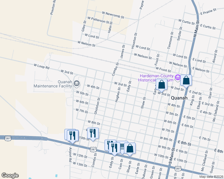 map of restaurants, bars, coffee shops, grocery stores, and more near 309 Combs Street in Quanah