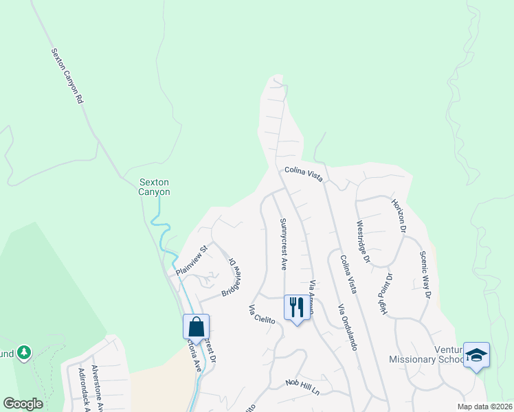 map of restaurants, bars, coffee shops, grocery stores, and more near 1231 Via Cielito in Ventura