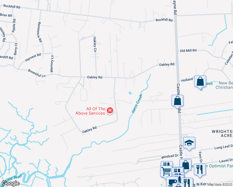 map of restaurants, bars, coffee shops, grocery stores, and more near 1519 Oakley Road in Castle Hayne