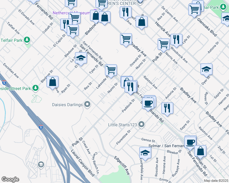 map of restaurants, bars, coffee shops, grocery stores, and more near 15092 Nurmi Street in Los Angeles