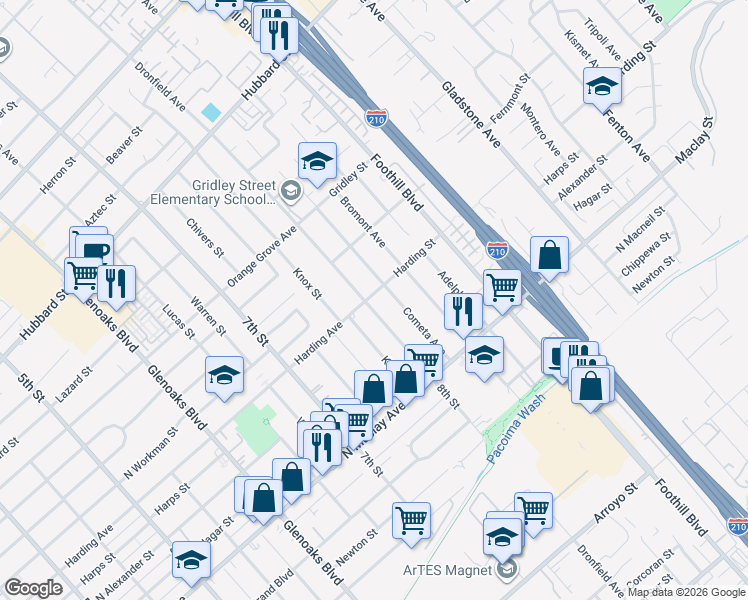 map of restaurants, bars, coffee shops, grocery stores, and more near 1425 8th Street in San Fernando