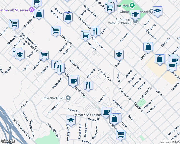 map of restaurants, bars, coffee shops, grocery stores, and more near 14741 Astoria Street in Los Angeles