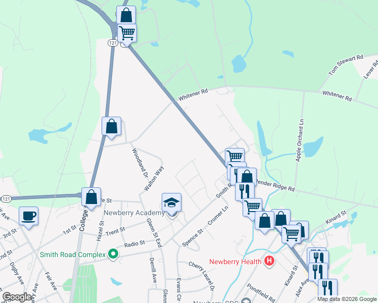map of restaurants, bars, coffee shops, grocery stores, and more near 2211 Wilson Road in Newberry