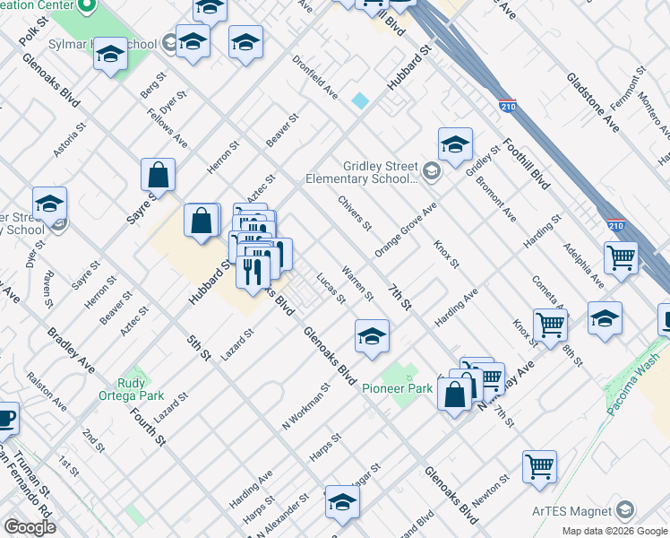 map of restaurants, bars, coffee shops, grocery stores, and more near 1915 Warren Street in San Fernando