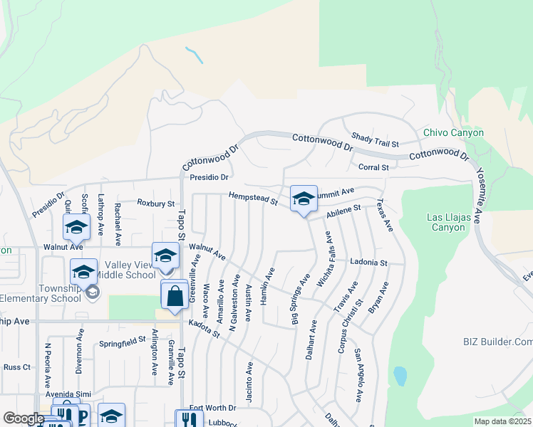 map of restaurants, bars, coffee shops, grocery stores, and more near 3530 Austin Avenue in Simi Valley