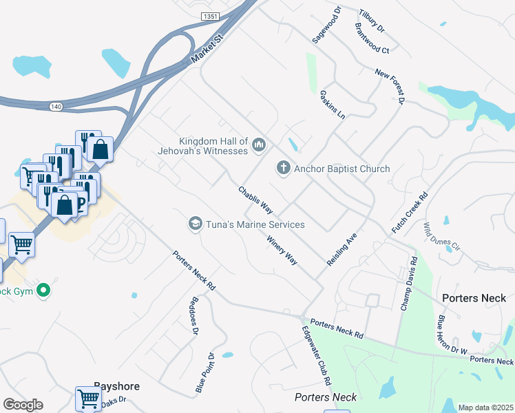 map of restaurants, bars, coffee shops, grocery stores, and more near 604 Chablis Way in Wilmington