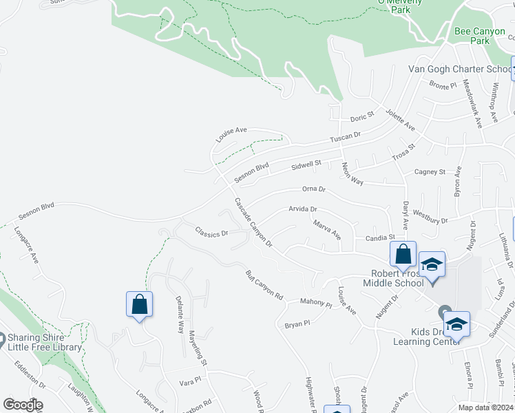 map of restaurants, bars, coffee shops, grocery stores, and more near 17856 Orna Drive in Los Angeles