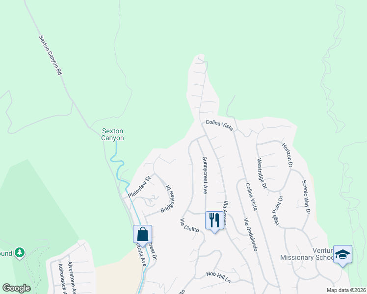 map of restaurants, bars, coffee shops, grocery stores, and more near 1231 Via Cielito in Ventura
