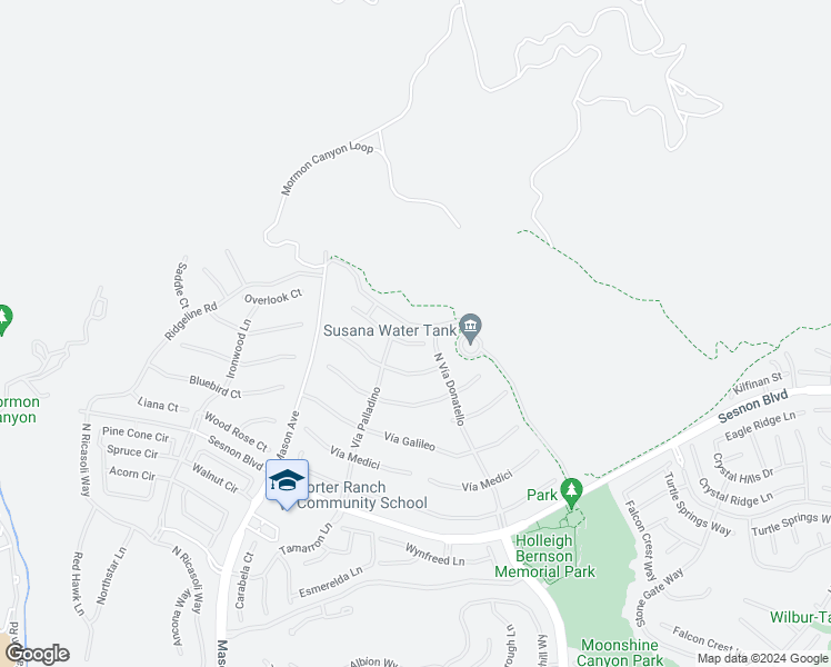 map of restaurants, bars, coffee shops, grocery stores, and more near 20318 West Vía Urbino in Los Angeles