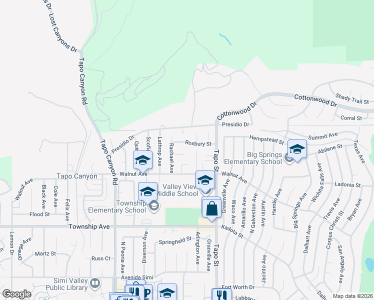 map of restaurants, bars, coffee shops, grocery stores, and more near 4275 Thomas Court in Simi Valley