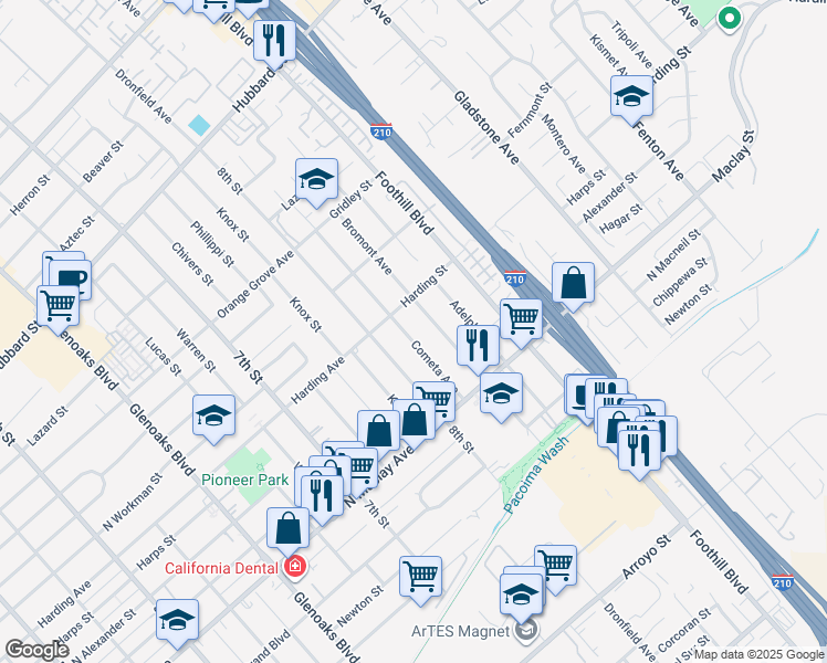 map of restaurants, bars, coffee shops, grocery stores, and more near 12600 Cometa Avenue in San Fernando