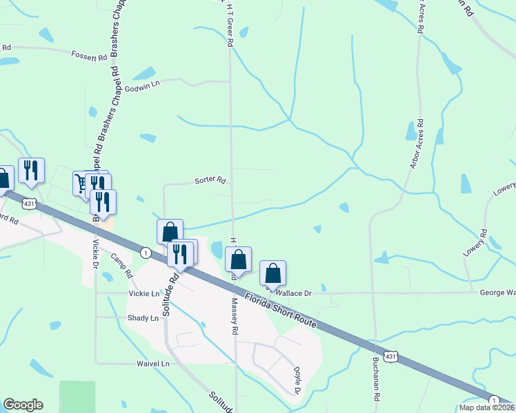 map of restaurants, bars, coffee shops, grocery stores, and more near 88 Greer Lane in Albertville