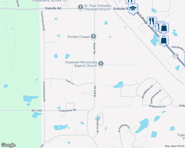 map of restaurants, bars, coffee shops, grocery stores, and more near 2895 Walsh Road in Tupelo