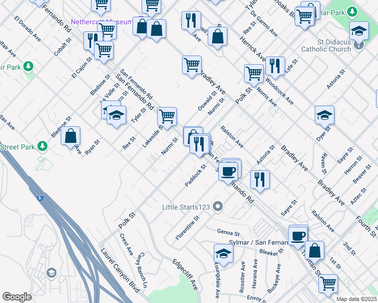 map of restaurants, bars, coffee shops, grocery stores, and more near 12651 San Fernando Road in Los Angeles