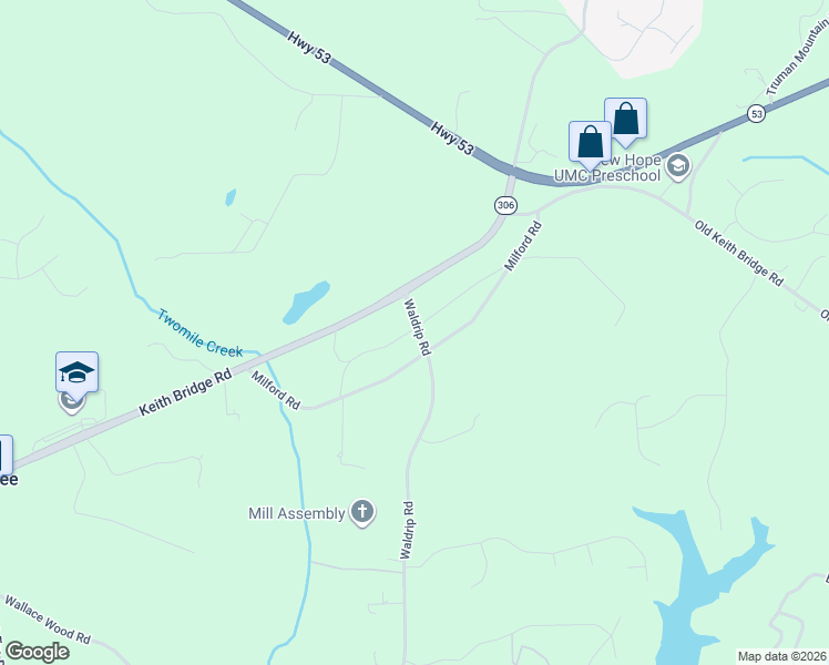 map of restaurants, bars, coffee shops, grocery stores, and more near 7645 Waldrip Road in Gainesville